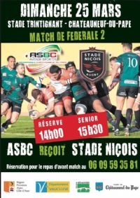Rugby: Asbc - Stade Nicois. Le dimanche 25 mars 2018 à Châteauneuf-du-pape. Vaucluse.  14H00